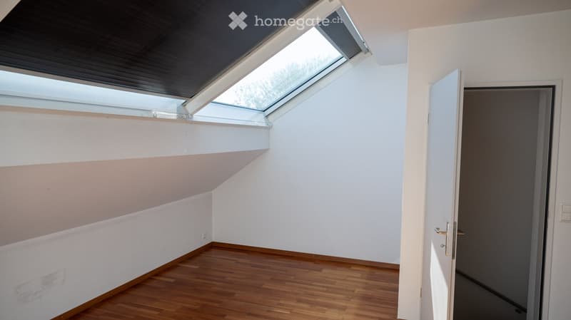 empty room, wooden floor, white walls, skylight, open door
