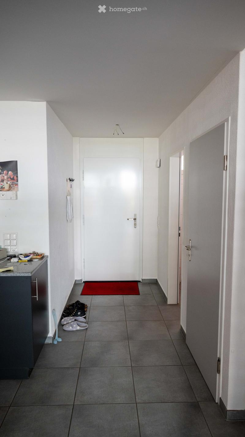 Empty hallway with white walls, gray floor, a red rug, a cabinet with a countertop, and two doors.