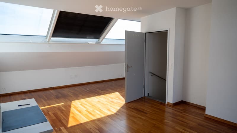 empty room, wooden floor, white walls, two skylights, door, table
