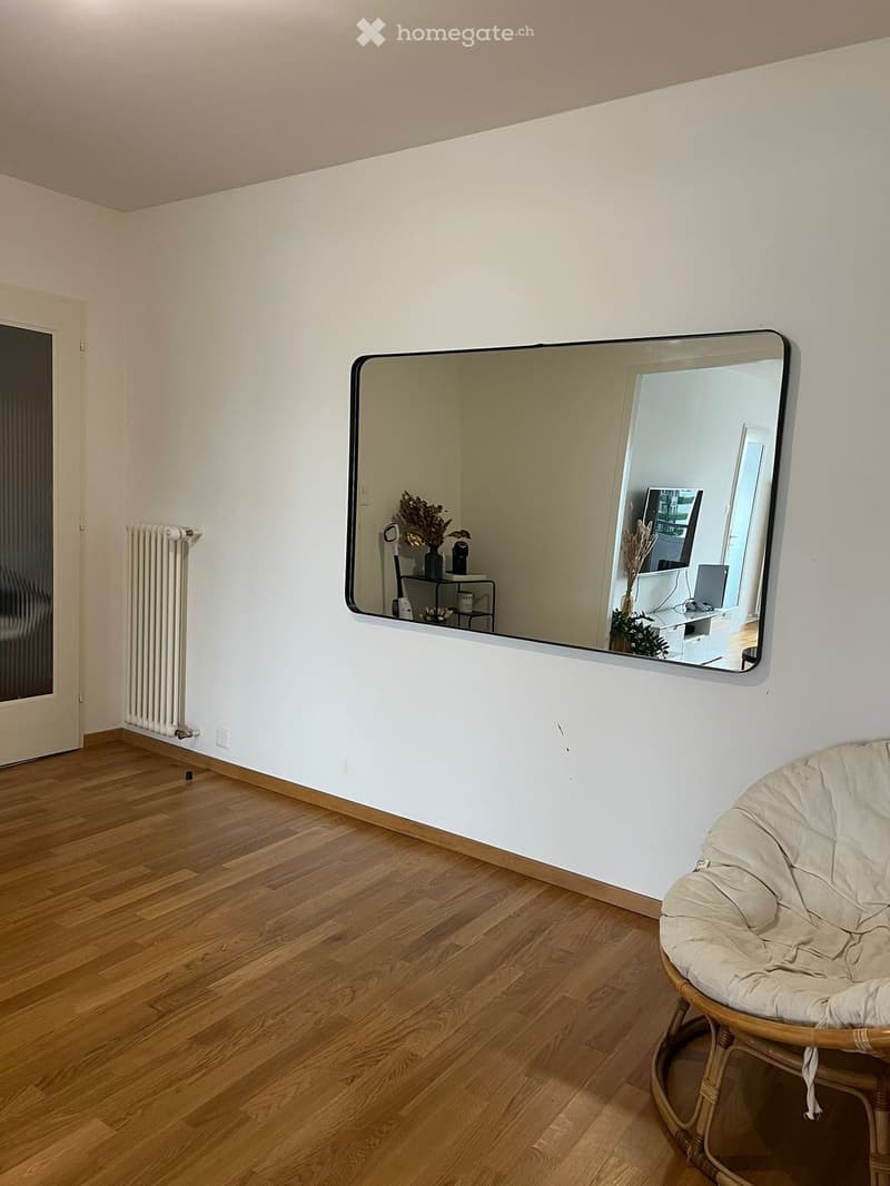 Empty room with white walls, wooden floor, large mirror, white radiator, wicker chair
