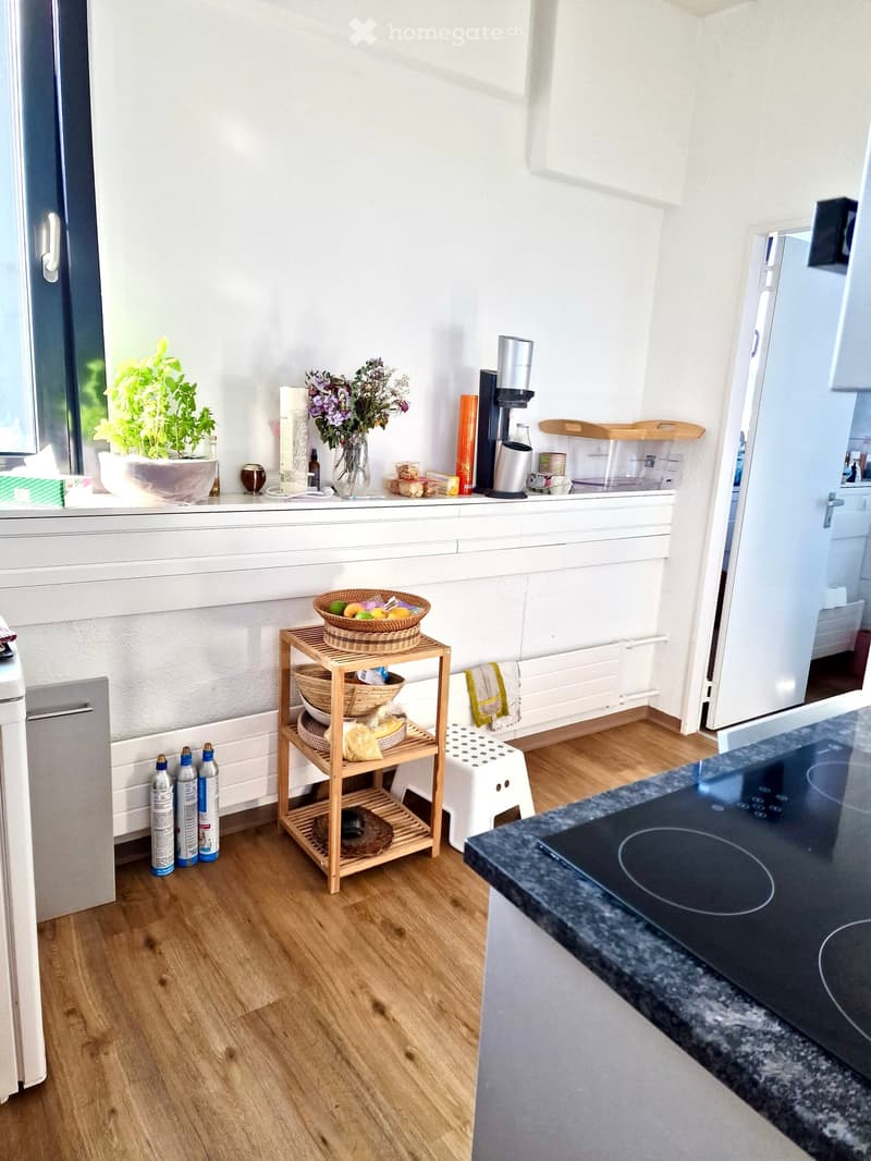 modern kitchen with wooden floor, white walls, white cabinets, induction stove, refrigerator, wooden shelf, plants, flowers, bottles, towels, and a window