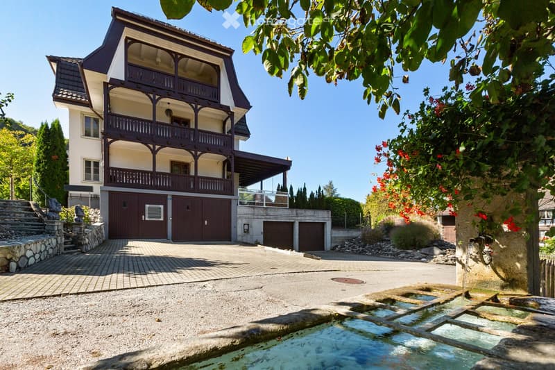 2 story house, brown garage, balcony, driveway, fountain