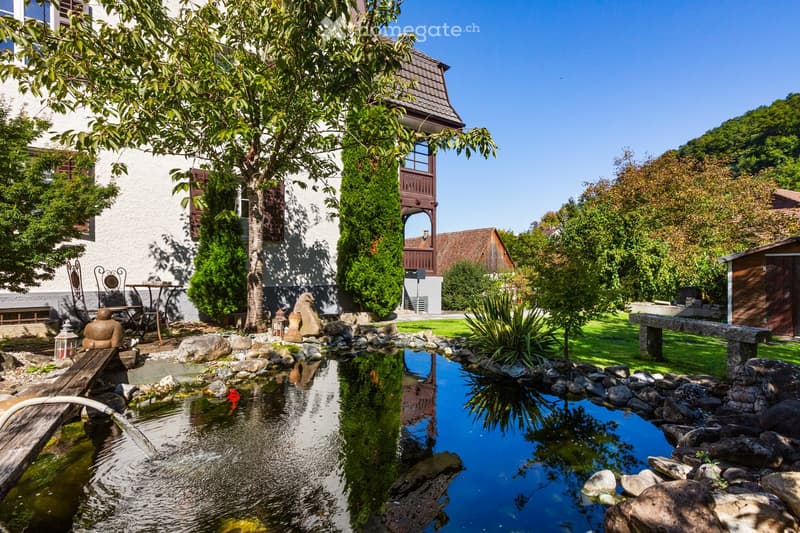A garden with a pond, rocks, plants, and a wooden bench