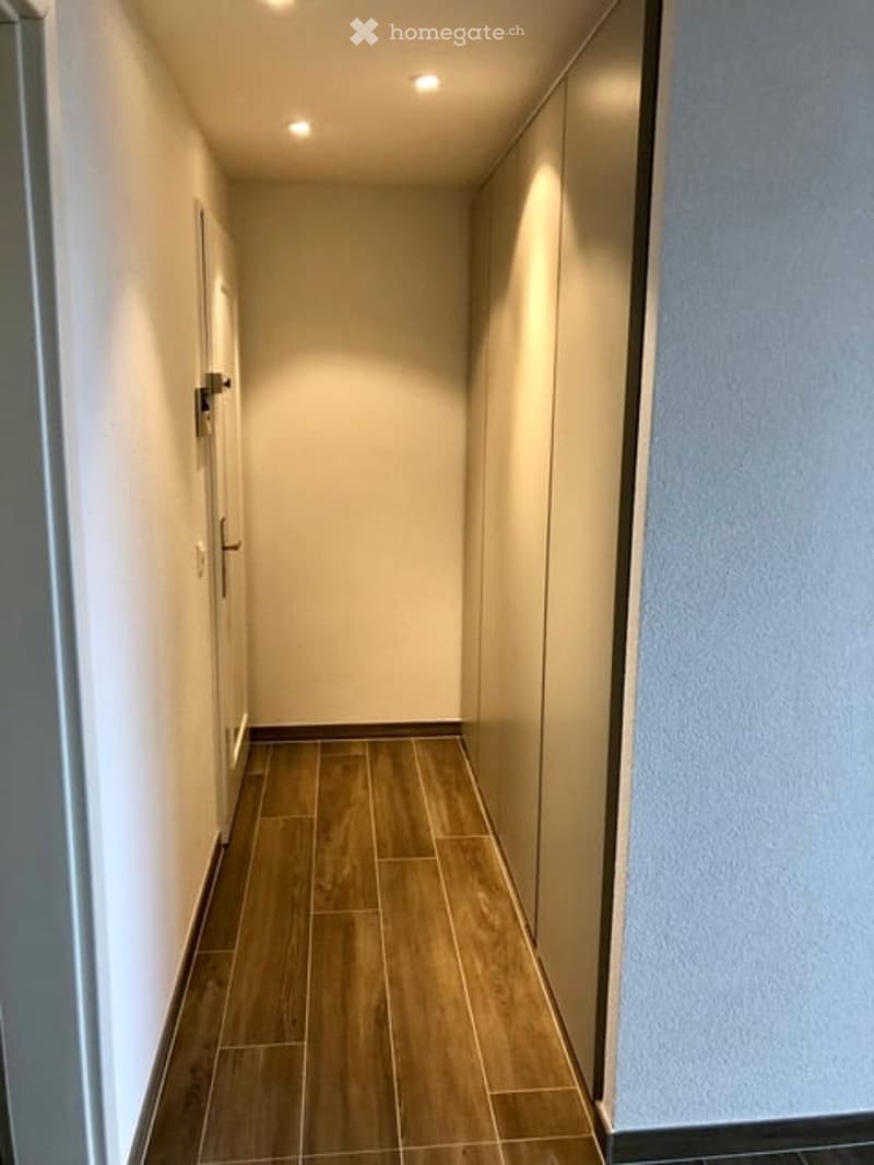 Empty hallway with wooden floor, white walls, and ceiling lights