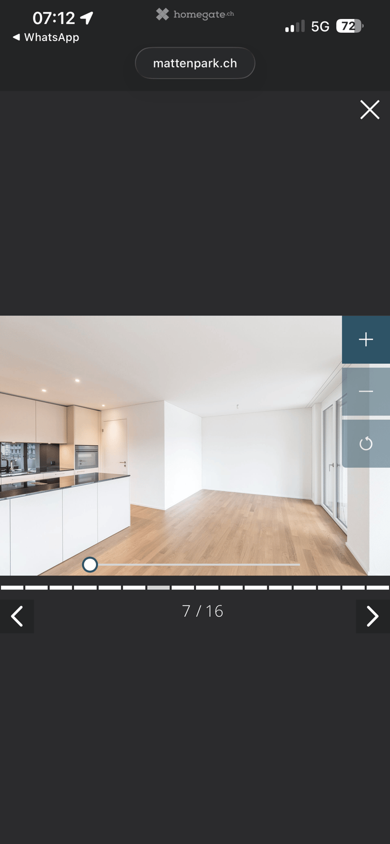 Empty room, wooden floor, white walls, kitchen, balcony, large windows
