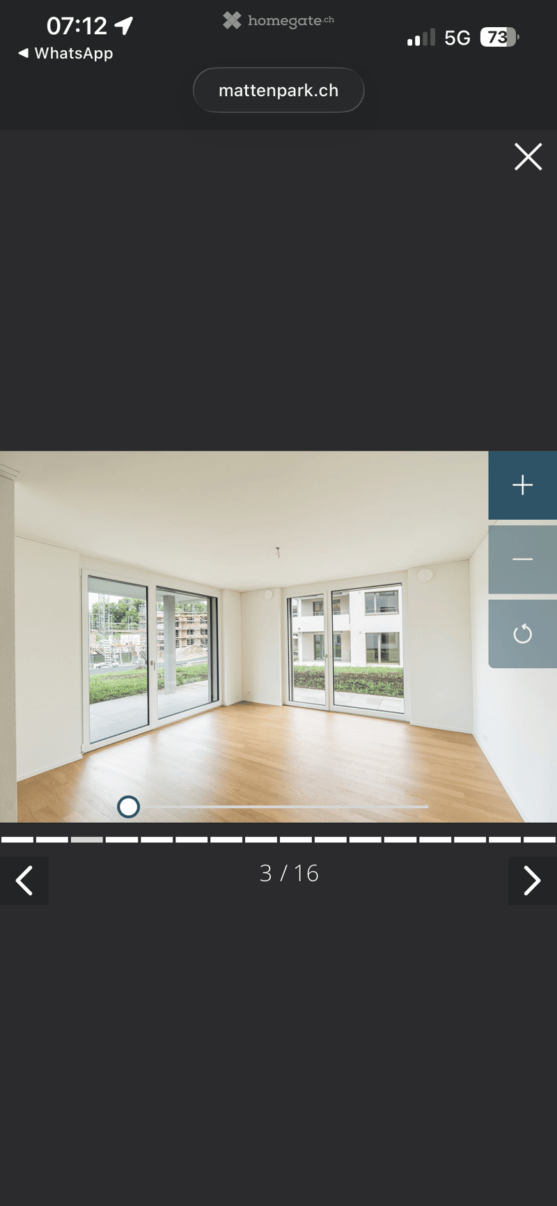 empty room, large windows, balcony, wooden floor