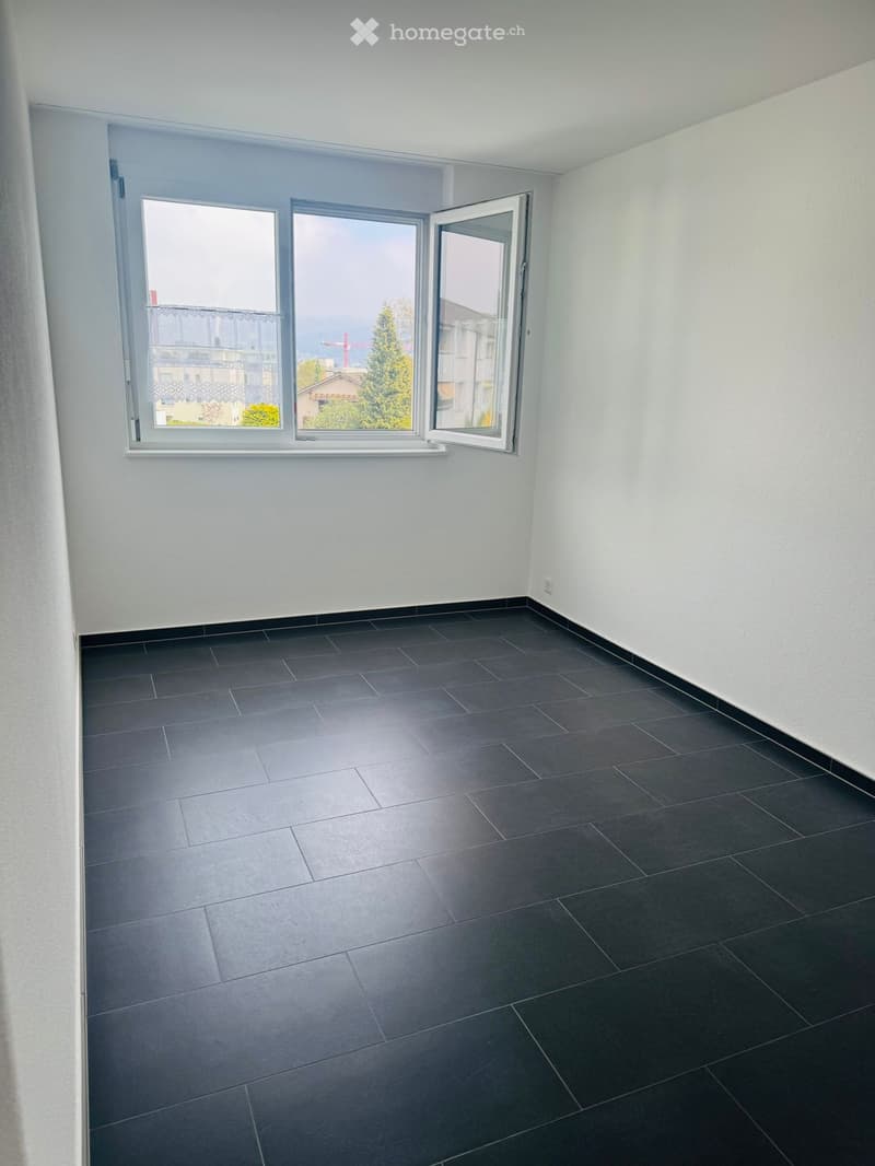 empty room, white walls, black tiled floor, large window with view