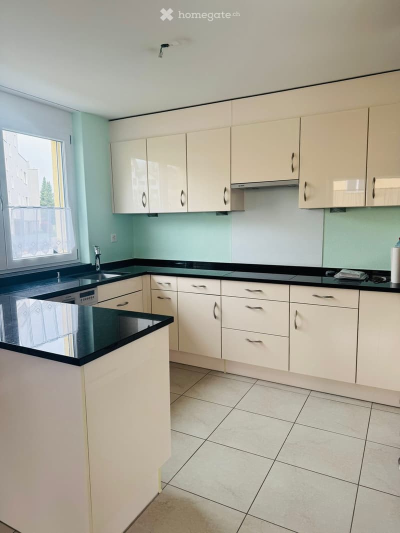 modern kitchen with white cabinets, black countertops, stainless steel sink, dishwasher, and a window