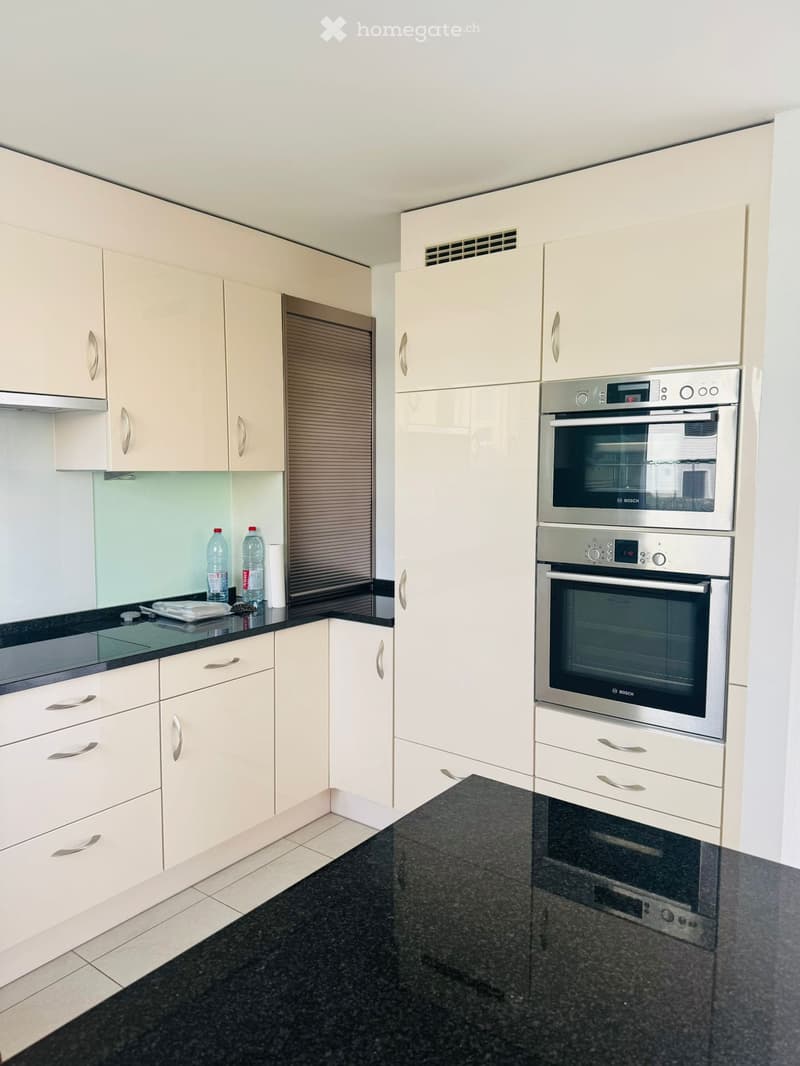 modern kitchen, white cabinets, black countertops, stainless steel appliances, Bosch ovens, granite countertop