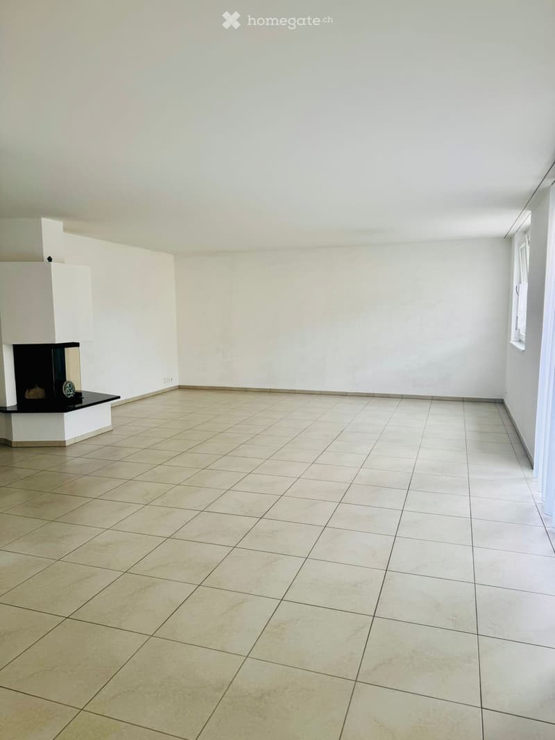 empty room, white walls, tiled floor, fireplace, window