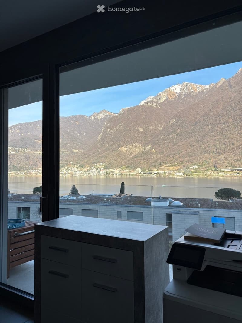 large window with view of mountains and lake, wooden cabinet, printer