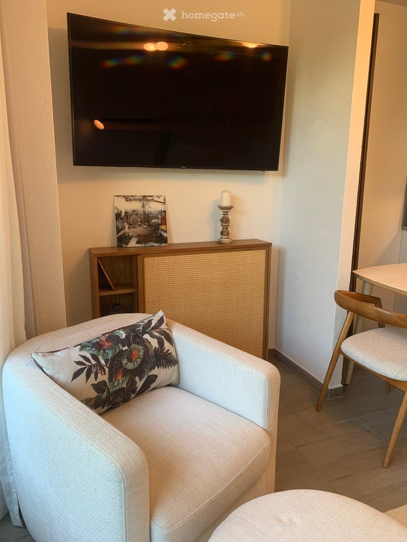 Living room with a white armchair, a wooden cabinet, a flat screen TV, a candle, a picture frame, a wooden chair, and a small table.
