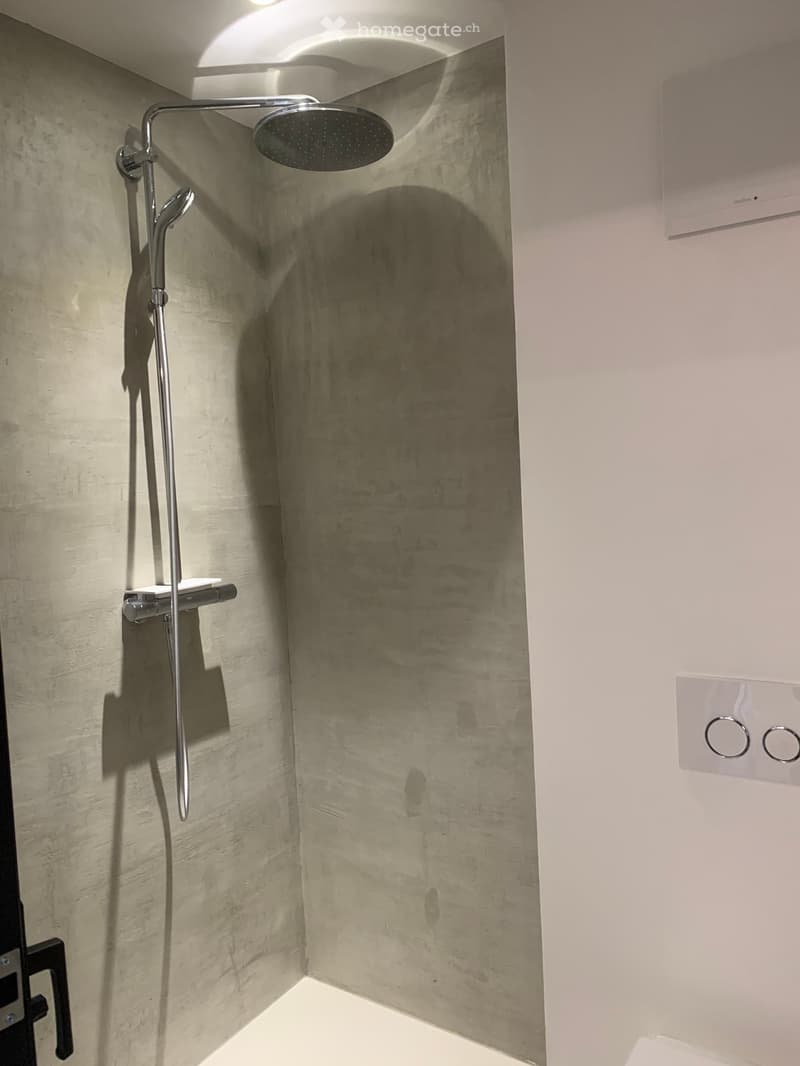 shower area with shower head and shower arm, concrete walls, white tiles, shower control panel