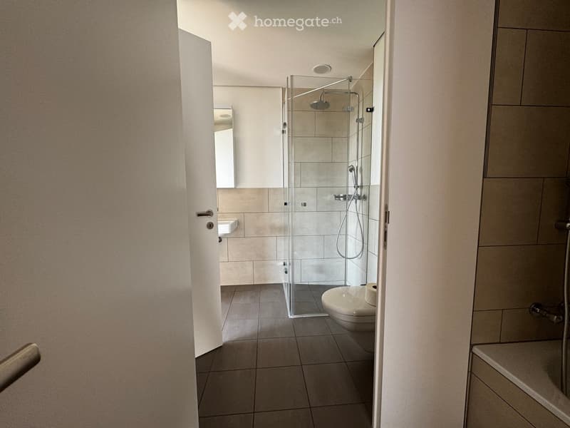 Modern bathroom with tiled walls and floor, featuring a glass-enclosed shower, toilet, sink, and mirror.