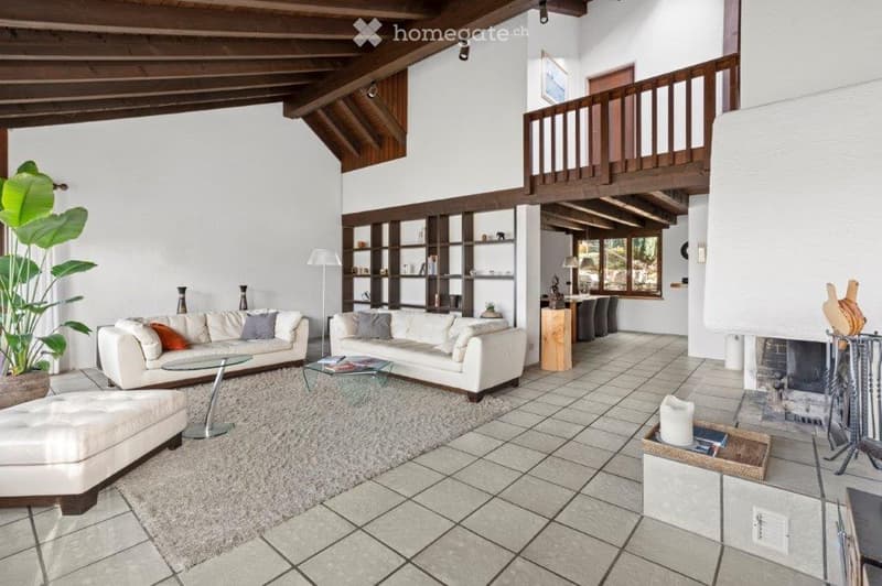 modern living room, white walls, wooden ceiling, fireplace, white couches, glass tables, carpet, potted plant