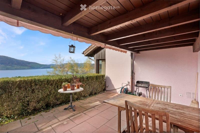 covered terrace with wooden ceiling, wooden table, chairs, plants, lake view