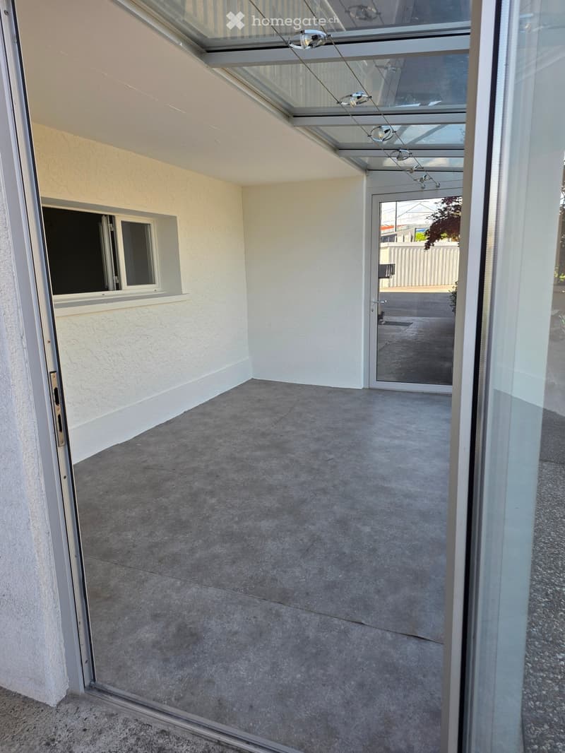 Empty room with concrete floor, white walls, large glass door, and skylight above.