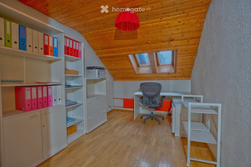 wooden floor, wooden ceiling, white walls, office desk, office chair, shelves, file folders, office equipment