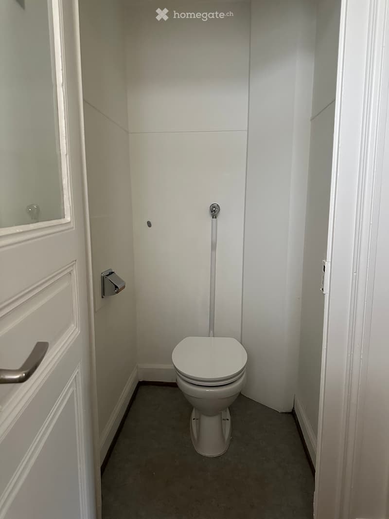 Small bathroom with a toilet, toilet paper holder, and a mirror on the left wall.