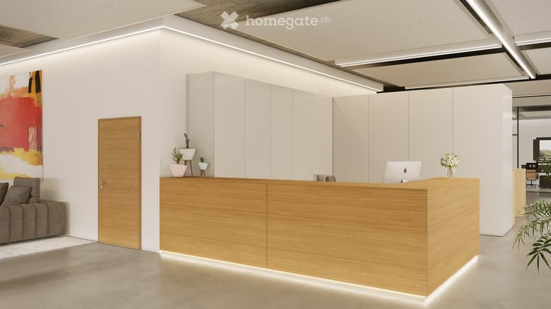 Reception desk, wood wall, white wall, white cabinets, couch, lamps, Apple computer, plants, flower vase