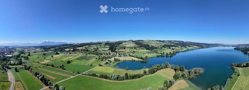 hill, lake, town, mountains