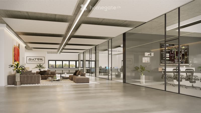 modern office interior with glass walls, sofas, desks, and plants