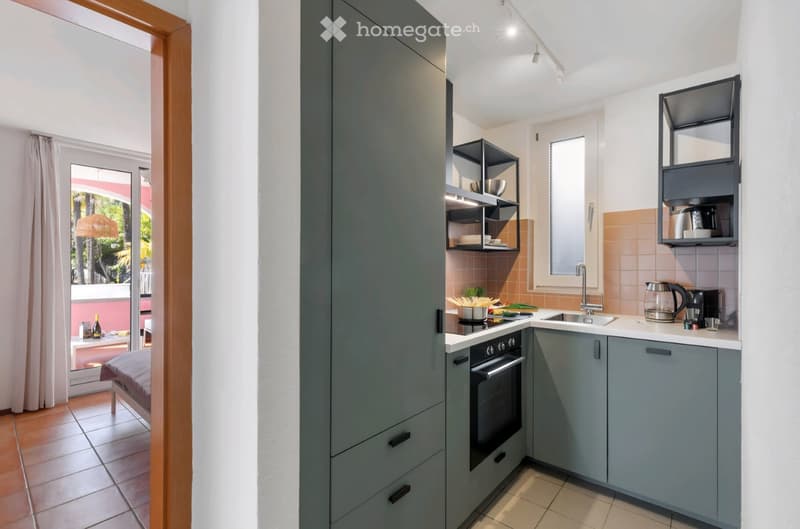 modern kitchen, gray cabinets, white countertops, black appliances, sink, oven, dishwasher, washing machine