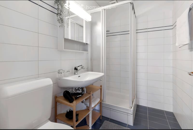 white tiles, white toilet, white sink, shower, wooden shelf, mirror
