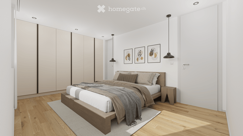 Large bedroom with large bed and built in wardrobes, two nightstands, carpet, lamps