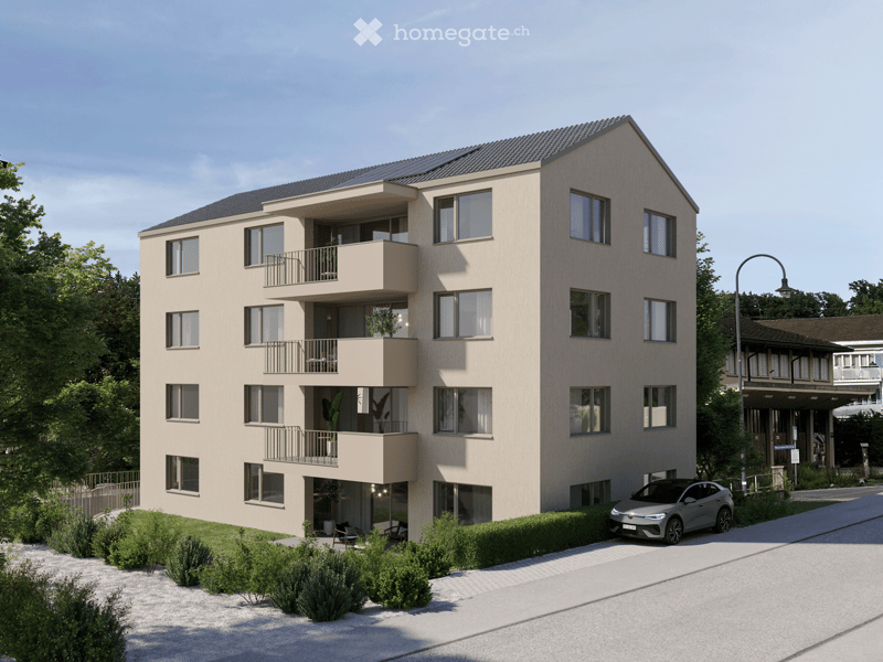 Apartment building with solar panels on the roof, balconies on each floor, modern design