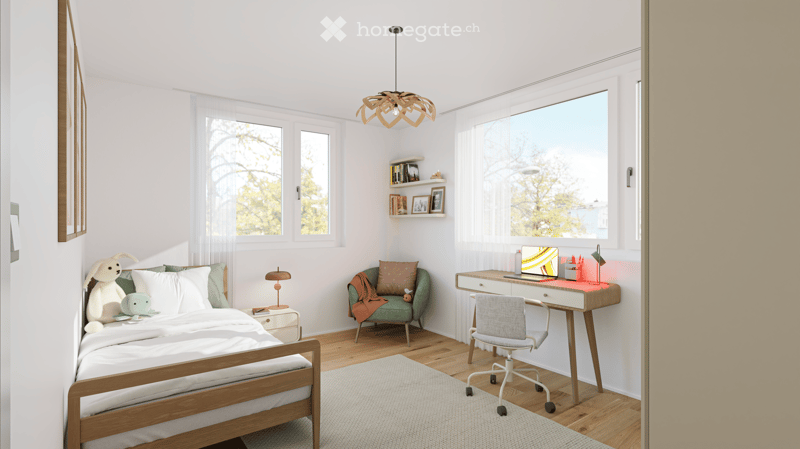 bedroom with desk, chair, bed, lamp, rug, shelves with books, framed pictures