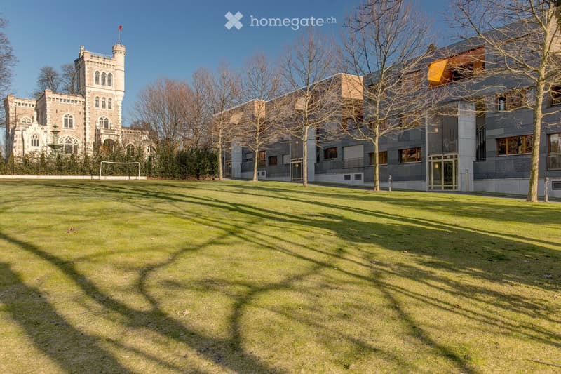 castle-like building, modern building, large lawn, trees