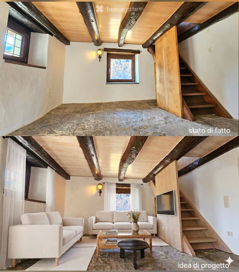 Living room with exposed wooden beams, white walls, two sofas, coffee table, TV, wooden stairs