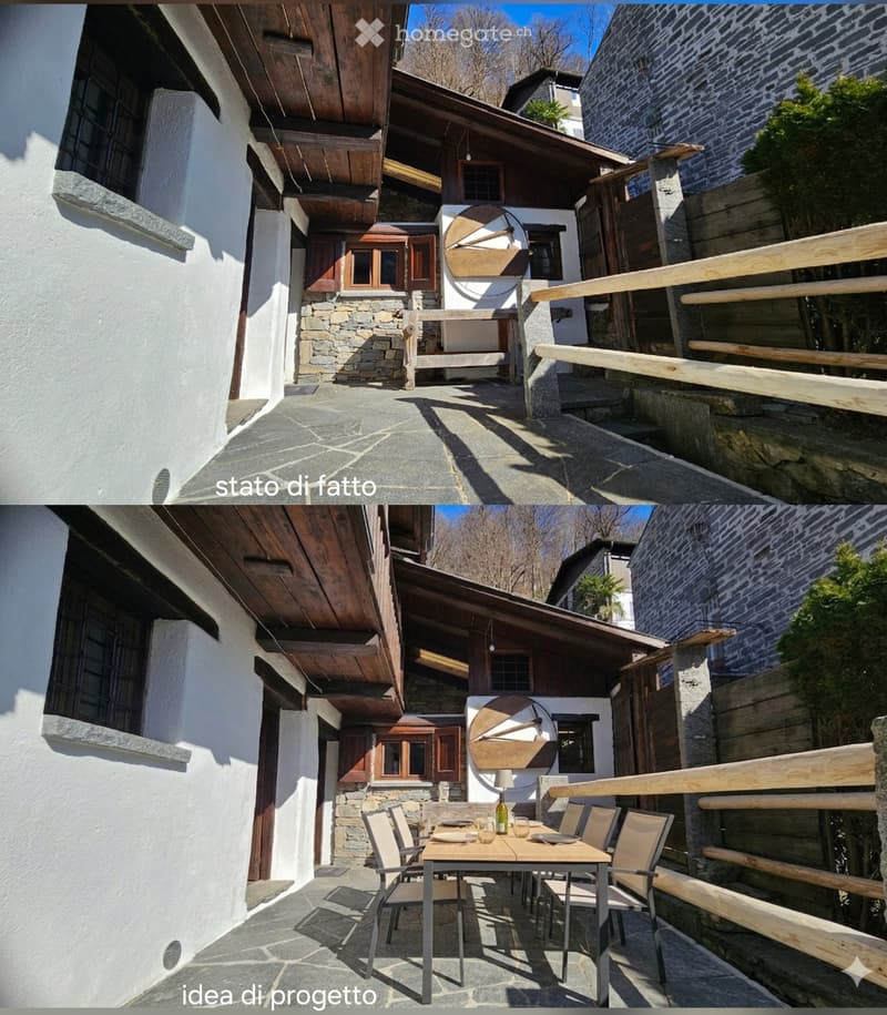 Stone and wood house, wooden balcony, dining table, chairs, lamp, garden