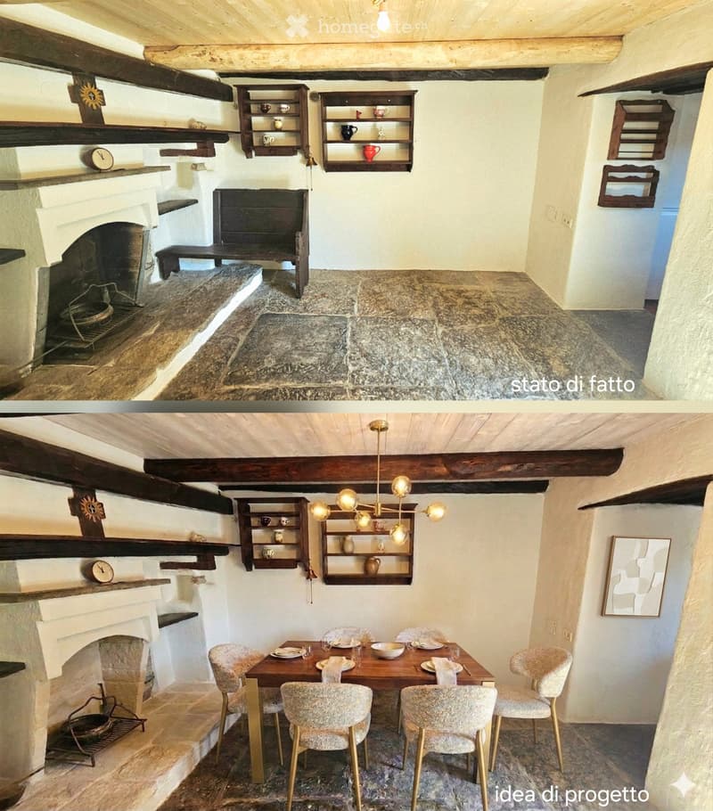 Fireplace, dining table, chairs, wooden shelves, chandelier, wooden beams, stone floor