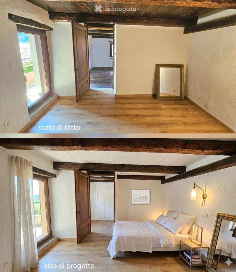 bedroom with wooden floor, white walls, large windows, bed, bedside table, mirror, lamp, curtains, wooden beams