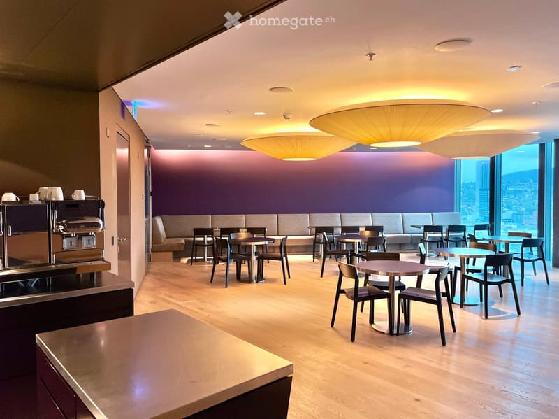 modern cafe with wooden floors, large windows, round tables, modern lighting, coffee machine
