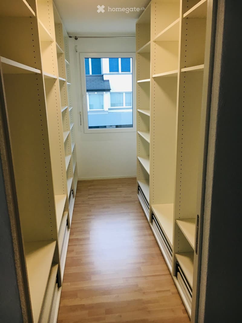 walk-in closet with wooden floor and built-in shelves, window with view to the outside