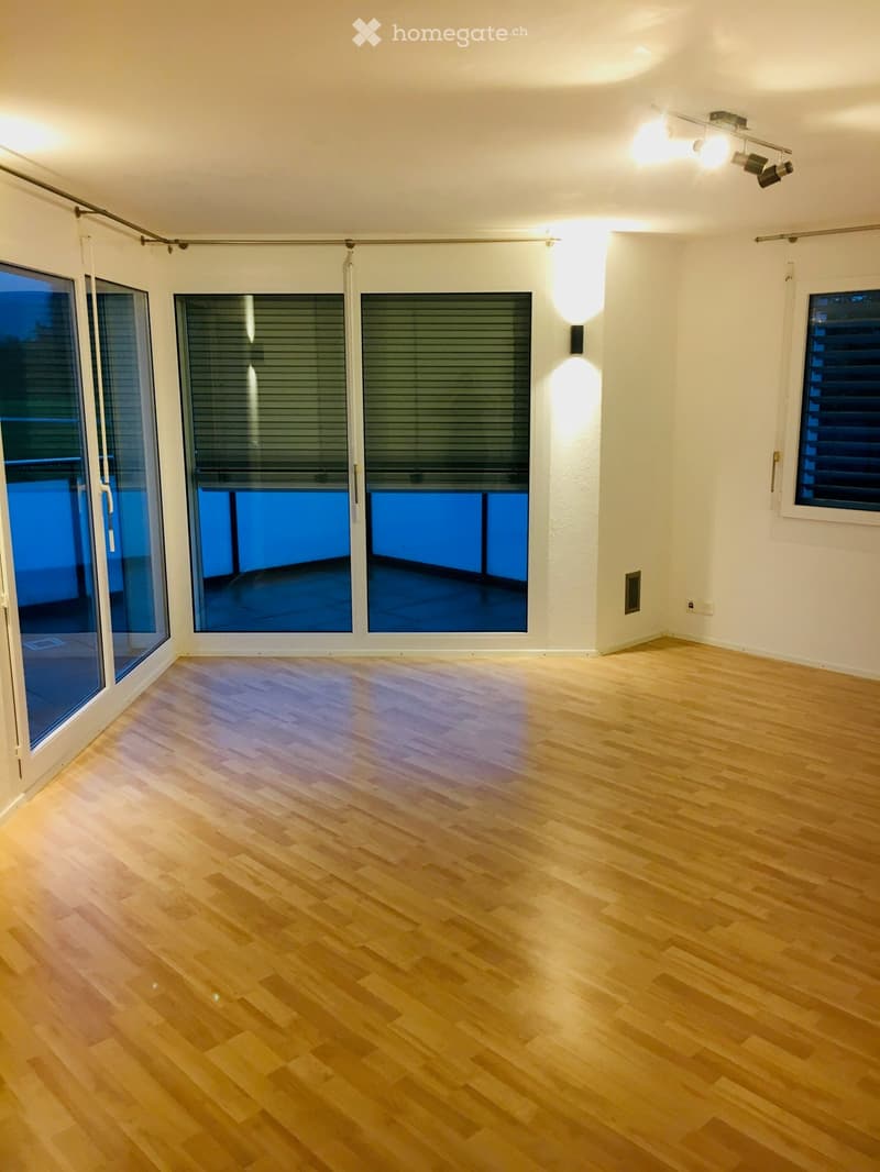 empty room, wooden floor, large windows, balcony, ceiling lights
