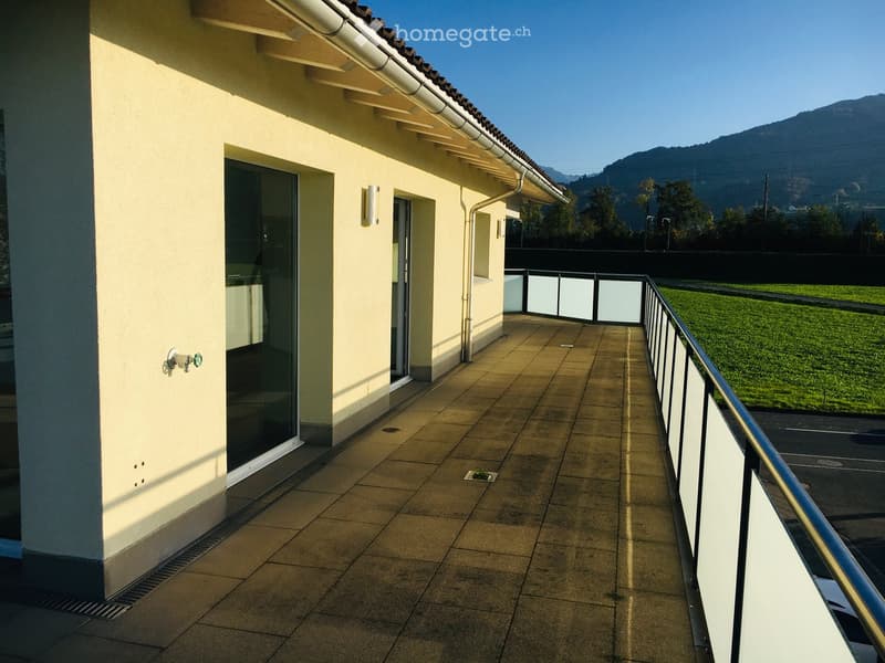 Yellow building with glass doors, balcony with metal railings, green grass field, mountains in the distance