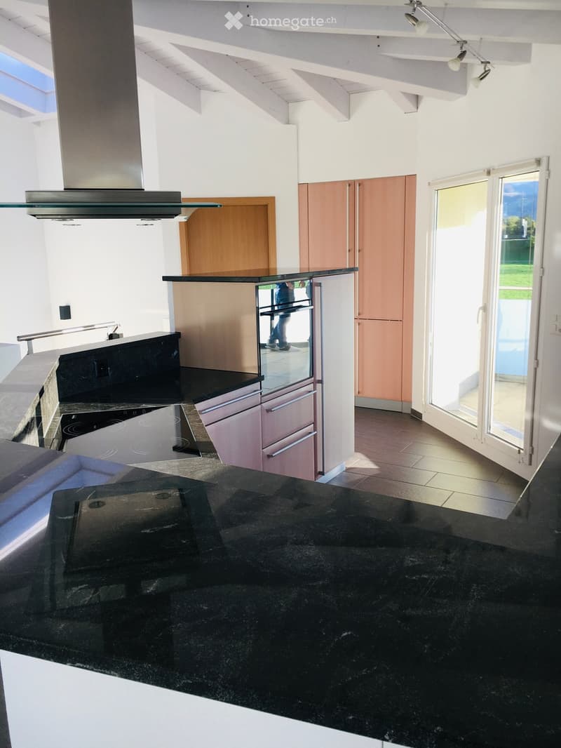 modern kitchen with black granite countertops, induction cooktop, oven, wooden cabinets, glass doors, sliding glass doors to balcony