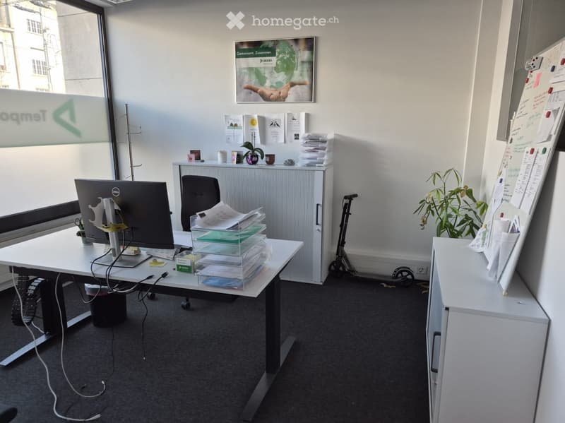 Office with desk, computer, chair, cabinet, plant, and scooter