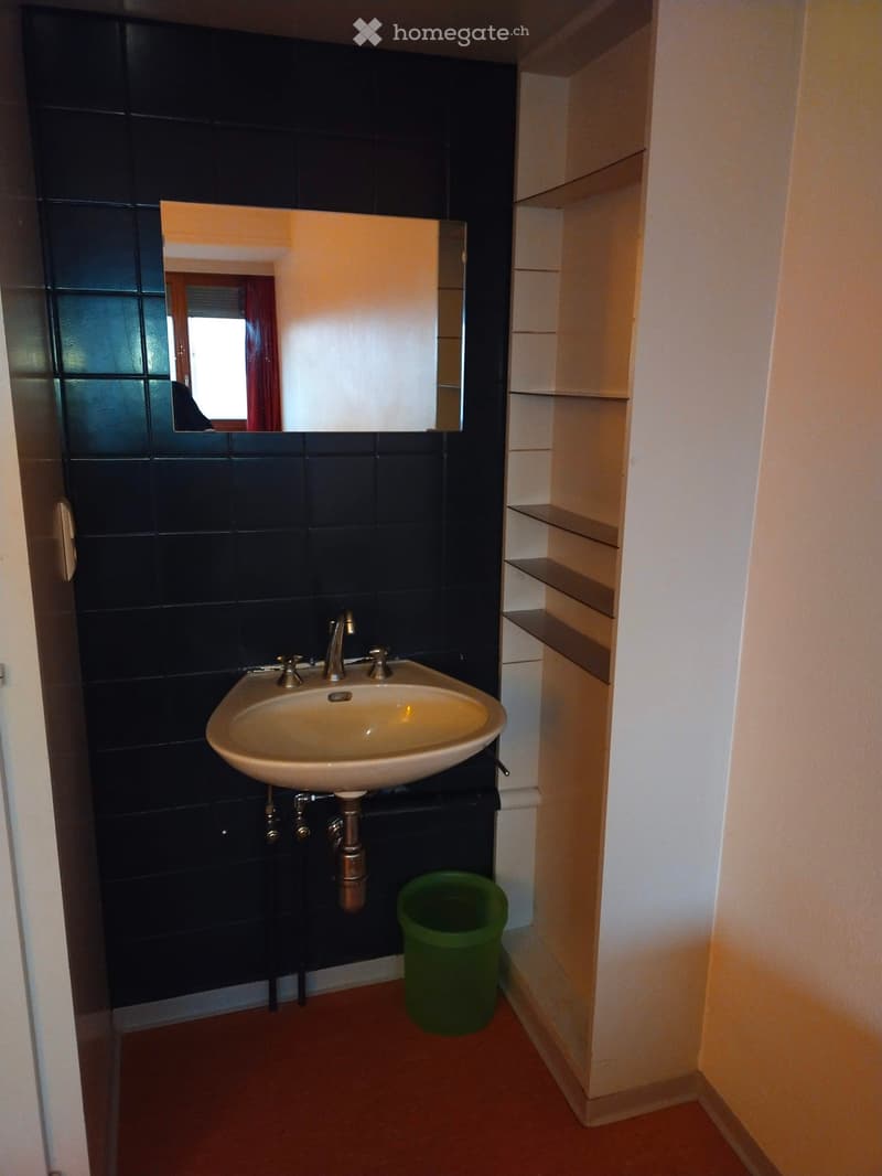small bathroom with sink, mirror, and shelves