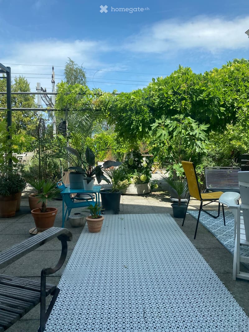 Outdoor area with various potted plants, a blue table, a yellow chair, a bench, and a rug. The garden is surrounded by trees and greenery.