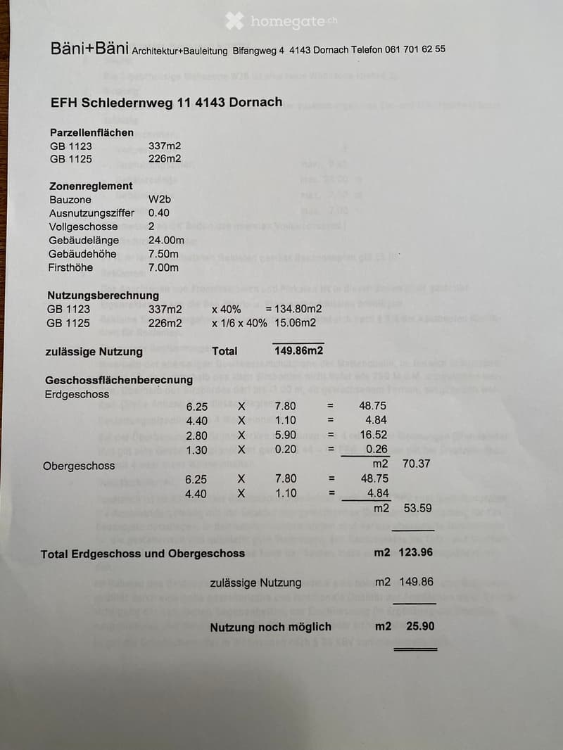 The image is a document containing zoning regulations and usage calculations for a property located at EFH Schledernweg 11, 4143 Dornach. It includes details such as parcel areas, building dimensions, usage percentages, and total usable areas.