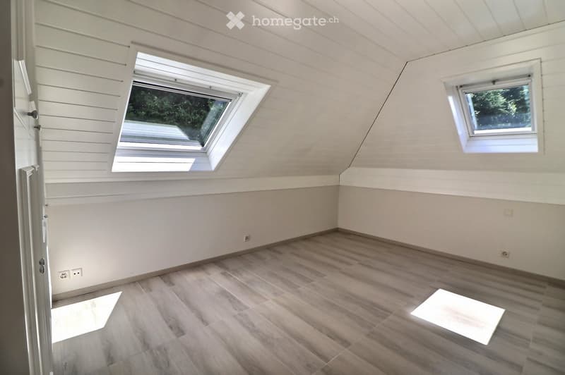empty room, wooden floor, white walls, two skylights, power outlets