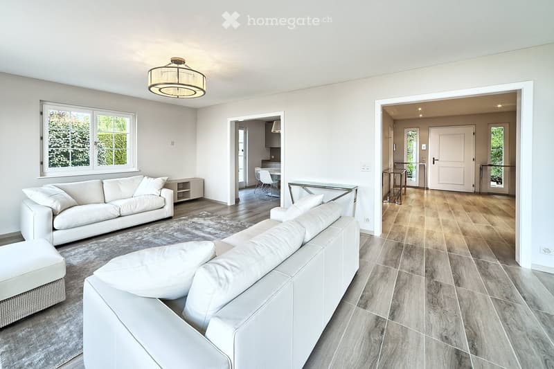 modern living room with white leather sofas, white walls, wooden floor, large windows, ceiling lamp