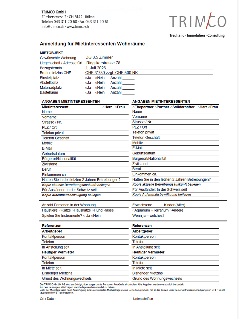 A form for registering interest in rental properties, including details about the property, tenant information, and references.