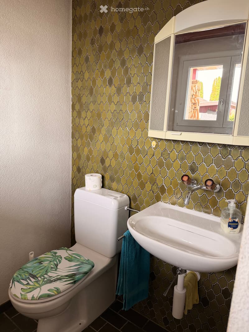 Bathroom with white toilet, sink, mirror, and hexagonal tiles