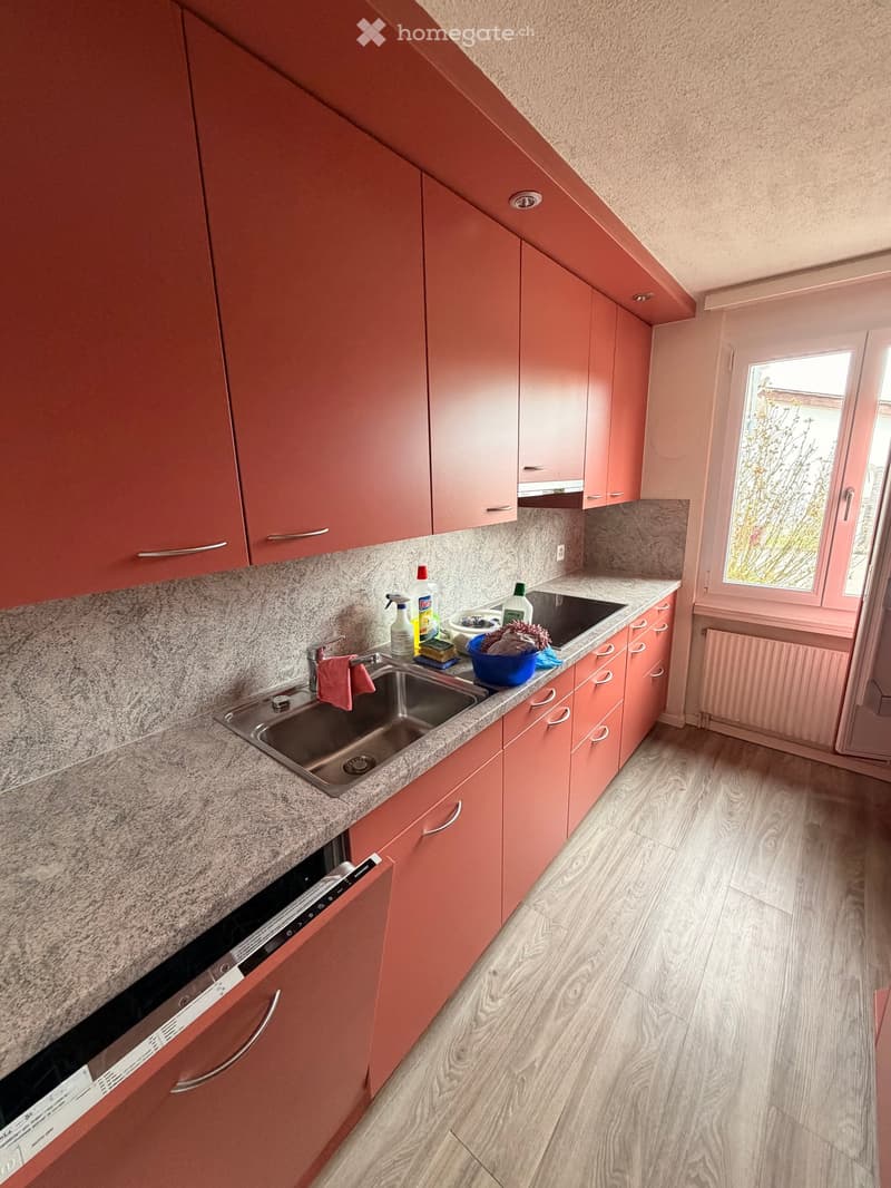 modern kitchen with red cabinets, granite countertop, stainless steel sink, dishwasher, washing machine, gas stove, window